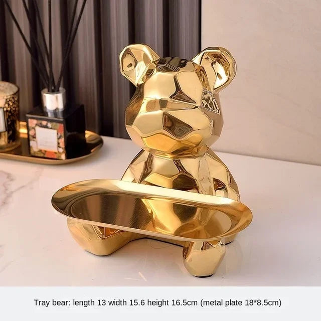 Geometric Bear Statue with Tray Storage