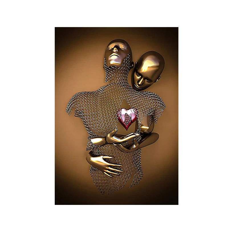 3D Effect Love Couples Kissing Hugging Metal Statue Posters and Prints Abstract Wall Art Canvas Painting Picture Home Room Decor