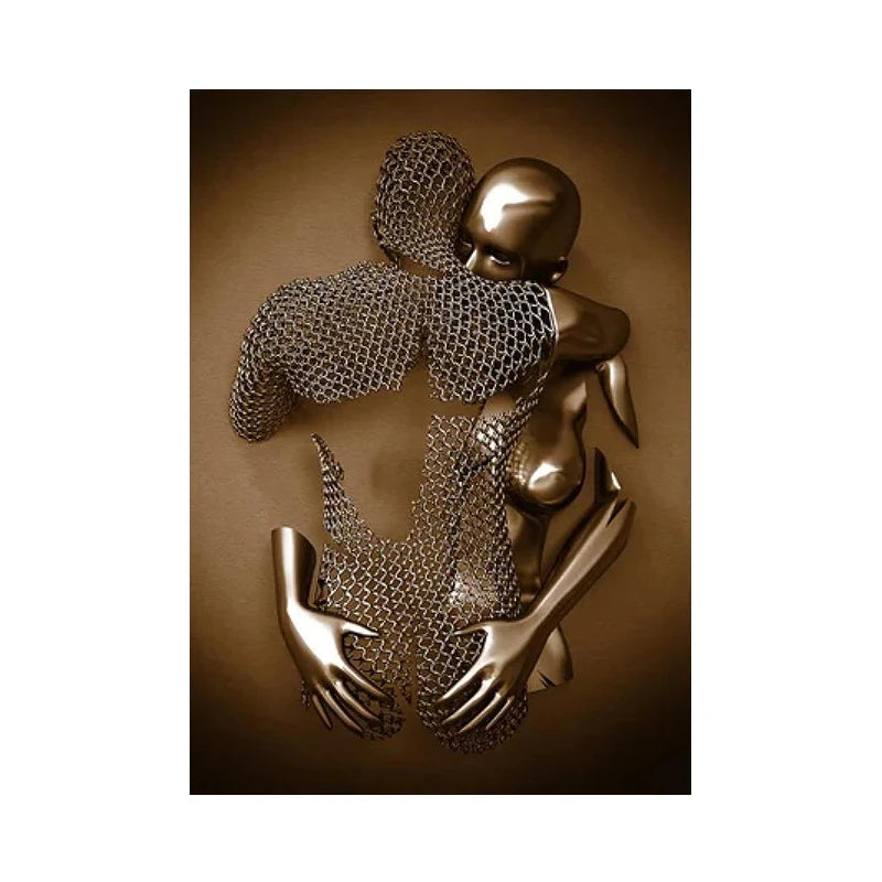 3D Effect Love Couples Kissing Hugging Metal Statue Posters and Prints Abstract Wall Art Canvas Painting Picture Home Room Decor